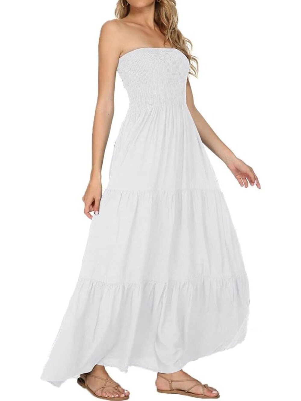Women's White Summer Stylish Tube Top Off Shoulder Boho Beach Long Maxi Dress - Picture 2 of 4